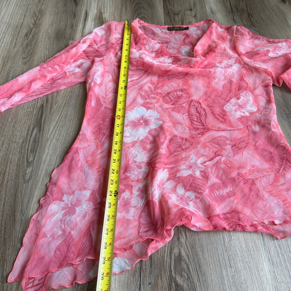 Vintage Y2K Picadilly Sheer Pink Floral Fairy Cowl Neck Asymmetrical Blouse L - Picture 5 of 7